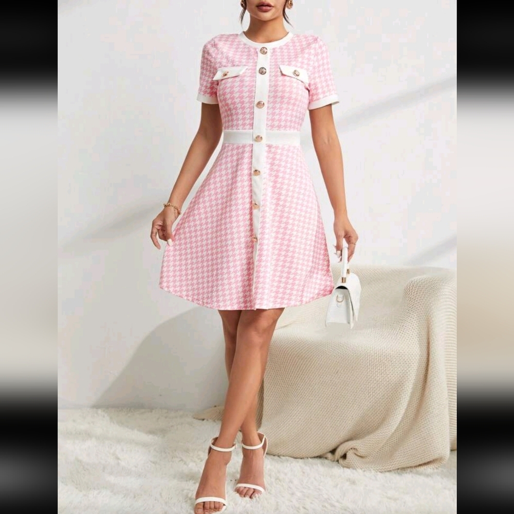 Pink Houndstooth Button-Front Dress